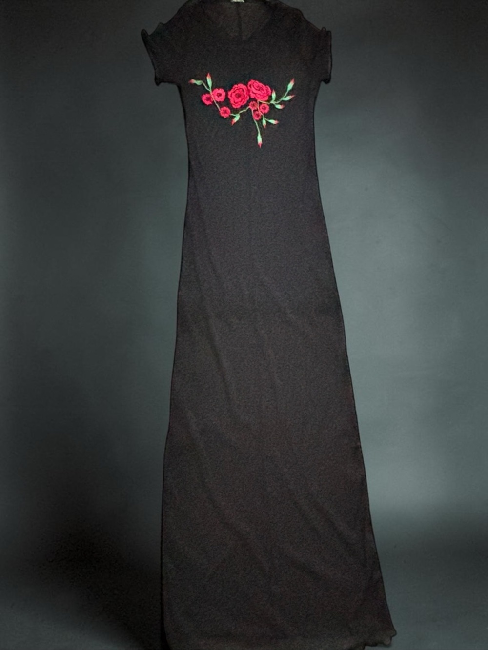 Y2K Romantic Goth Black Mesh Maxi Dress Red Rose Embroidered Whimsigoth - Picture 2 of 5